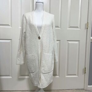 J.Jill Textured Cream Bouclé Knit Long Cardigan Coat LARGE 32" Pockets